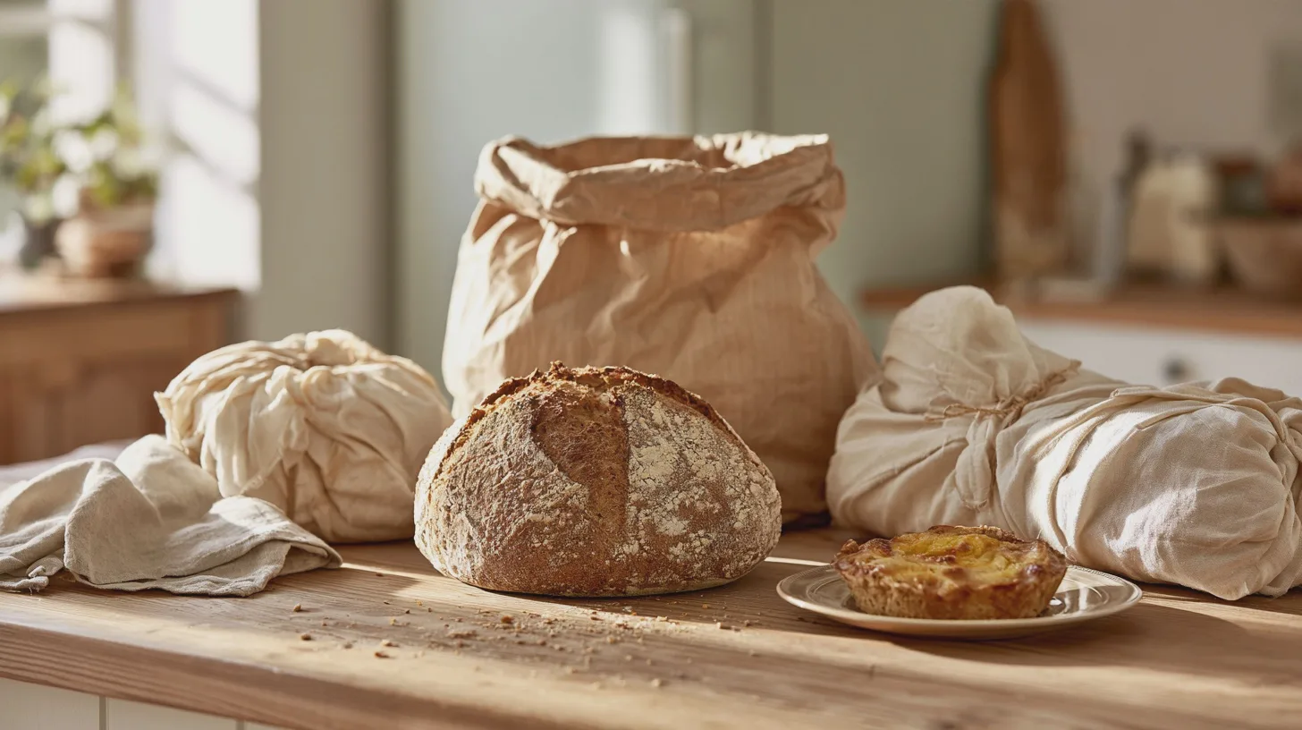 Rustikt surdegsbröd och liten paj på träbord i lantligt kök, hembakat bröd, bakning, mjölsäck, linnetyg, köksmiljö