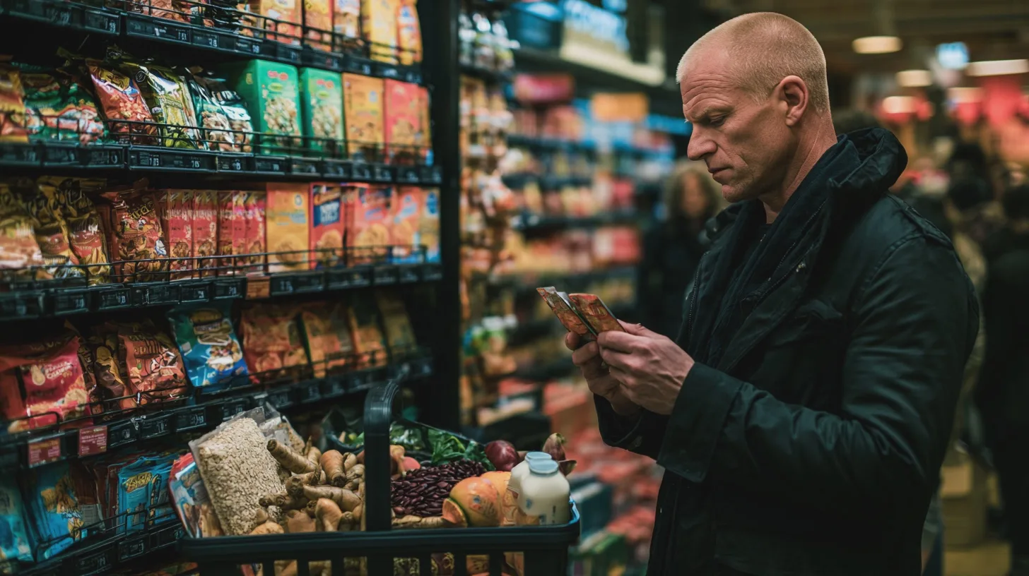 Man granskar livsmedelsförpackningar i en mataffär, butikshyllor, snacks, torrvaror, färska råvaror, kundvagn, dagligvaruhandel