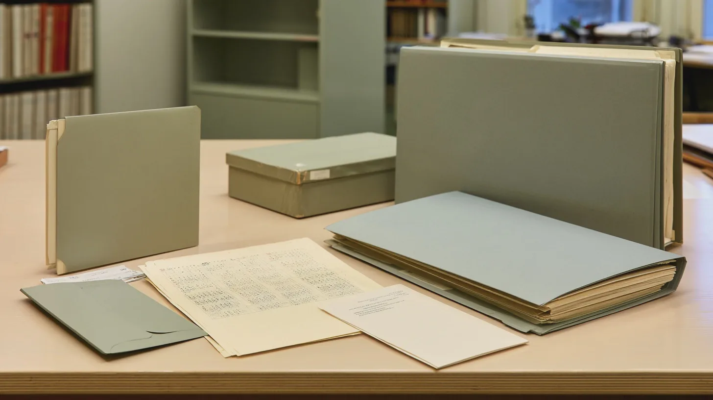 Arkivmappar och handskrivna dokument ligger på ett skrivbord i ett bibliotek, historiska handlingar, dokumentarkiv, pärmar, kontorsmiljö, manuskript