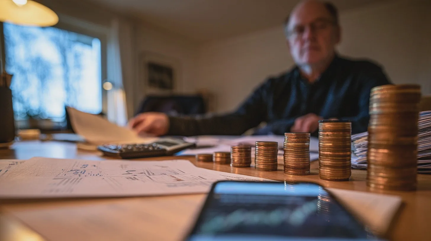 Man vid ett bord med staplade mynt, ekonomiska dokument, miniräknare och mobiltelefon, vilket visar vardaglig ekonomisk planering och budgetering.
