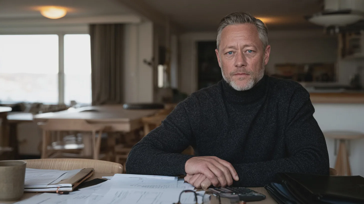 Man i mörk tröja sitter vid köksbord med dokument och räknare, hemmiljö, pappersarbete, ekonomi, glasögon, köksinredning