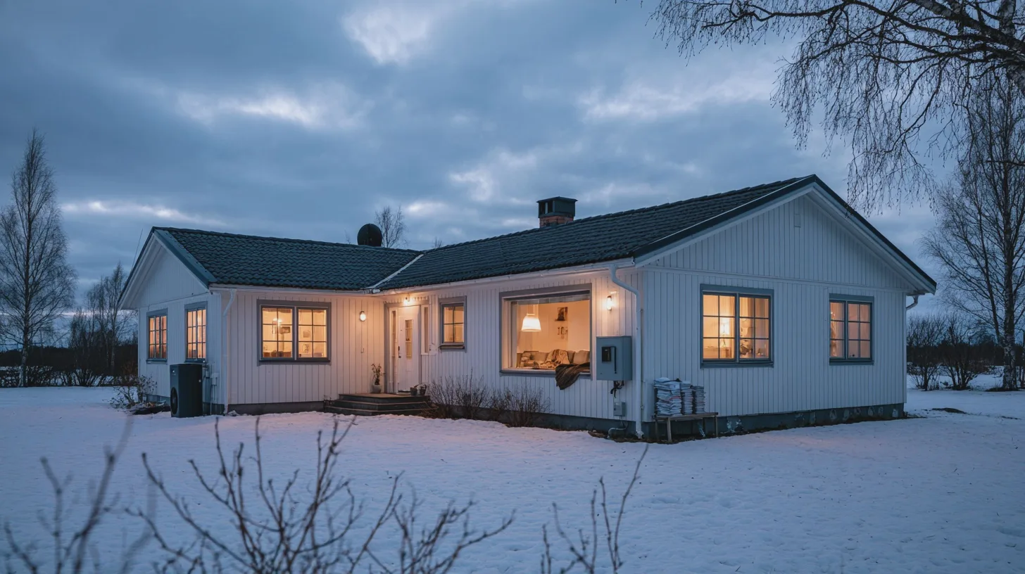 Vitt trähus med upplysta fönster i snötäckt landskap under blå skymning, vinterhus, lantligt hem, snö, kvällsljus, nordisk arkitektur