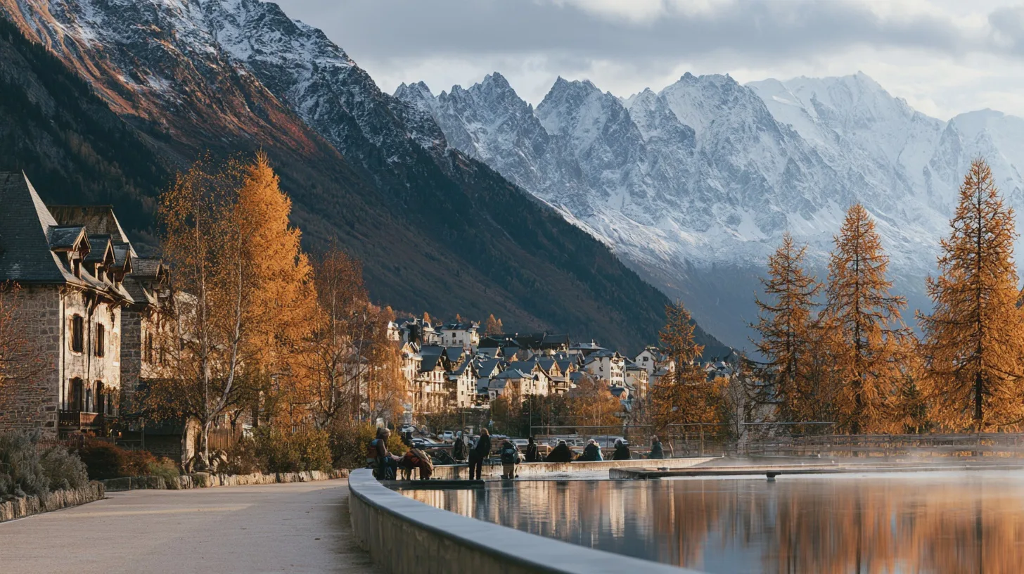 Alpby med snötäckta berg, höstträd och reflekterande vattenbassäng, promenadstråk och eleganta byggnader; alplandskap, bergsby, höstfärger, snöklädda berg, vattenreflektion