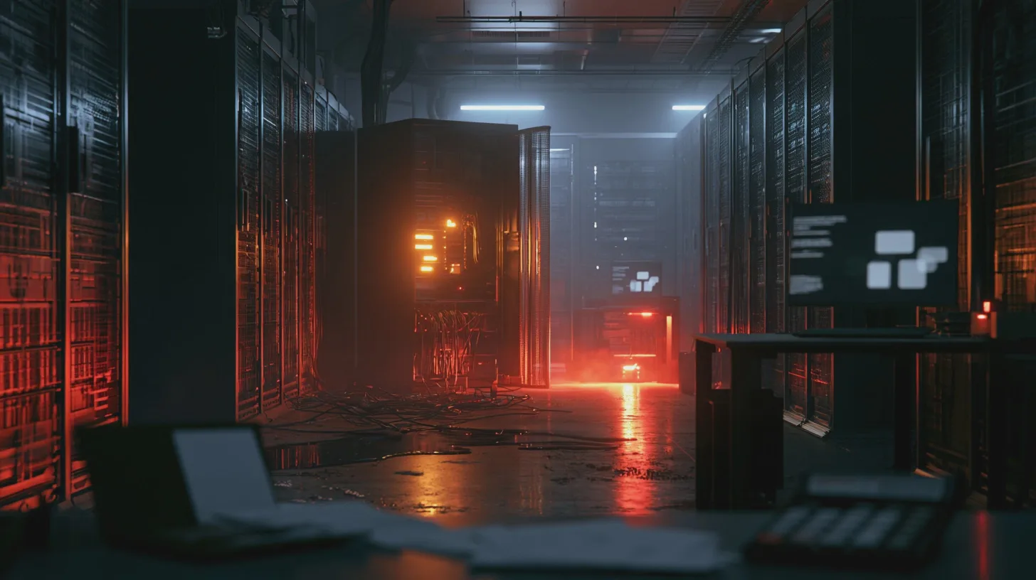 Serverrum med rader av datorservrar, kablar och övervakningsskärmar i dramatisk rödblå belysning, datacenter, IT-infrastruktur, nätverksteknik, cybersäkerhet