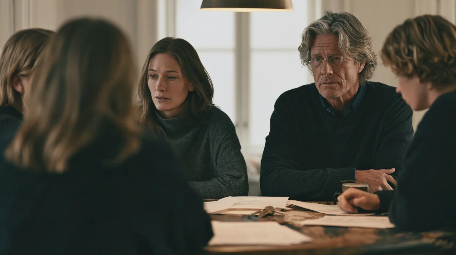 Flera personer sitter samlade runt ett bord och diskuterar dokument i ett ljust hem, familjemöte, samtal, papper, gruppdiskussion, vardagsrum