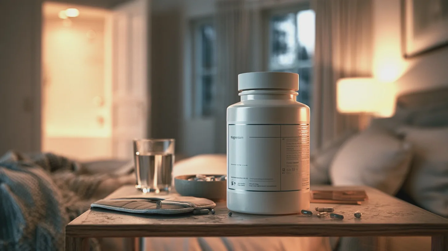 Hälsa: kosttillskott, magnesium, piller, vatten, säng, avkoppling, nattbord, sömn, wellness, hälsoproduct.