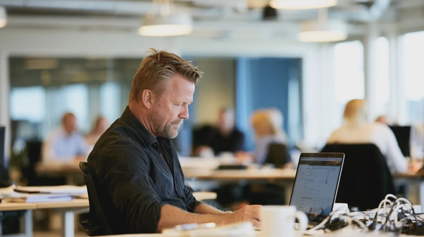 Man arbetar vid laptop i ett öppet kontorslandskap, kontorsarbete, bärbar dator, skrivbord, kollegor, modern arbetsplats