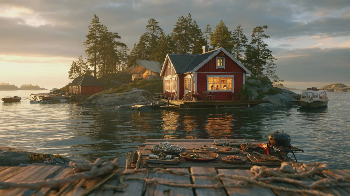 Röd stuga på klippig skärgårdsö vid vattnet, med båtar och dukad brygga för grillmåltid, svensk skärgård, havsnära fritidshus, båtliv, grillning