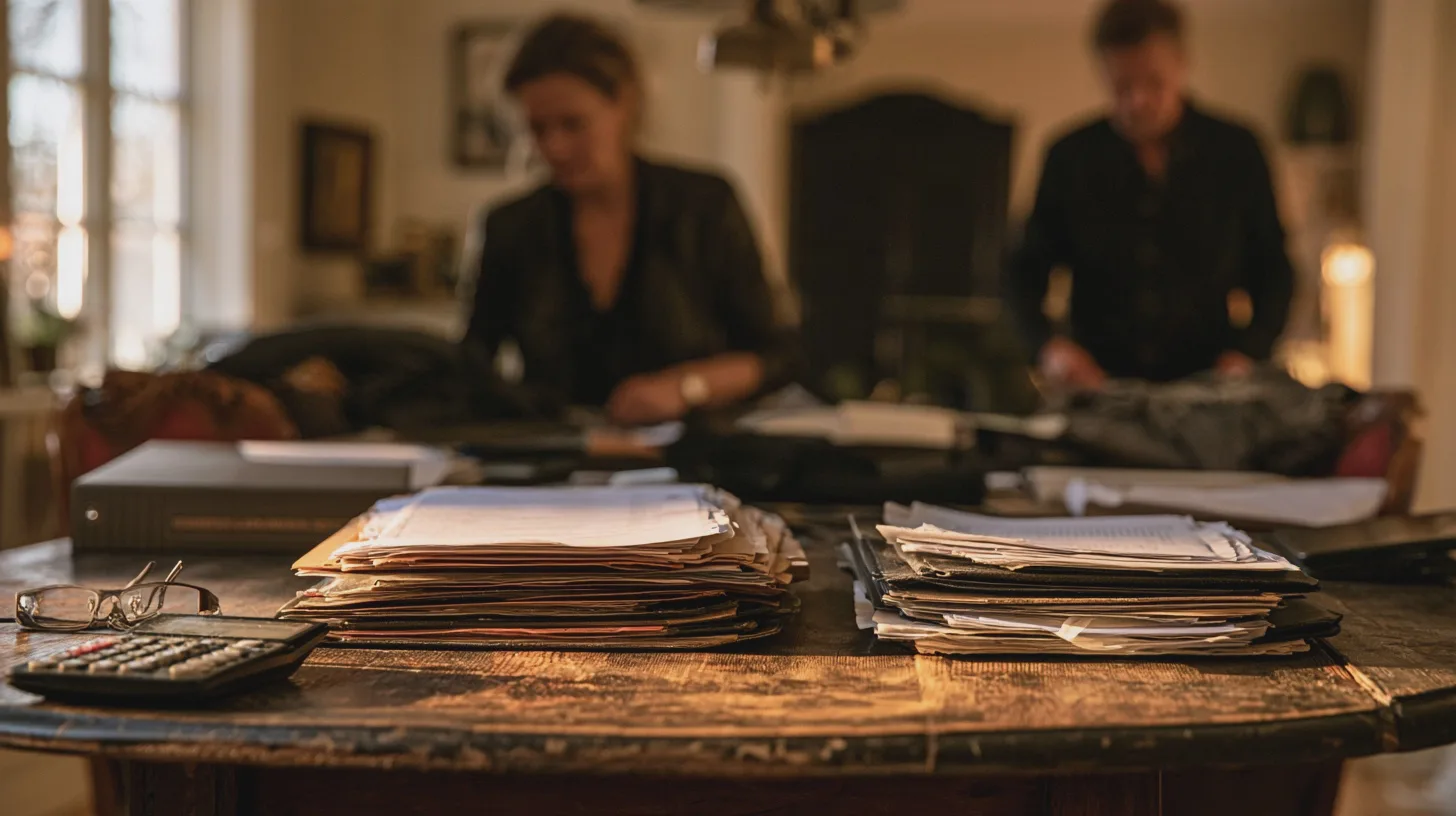 Två personer arbetar vid ett bord med stora högar dokument, glasögon och miniräknare, pappersarbete, kontorsmiljö, dokumenthögar, administrativt arbete, arbetsmöte