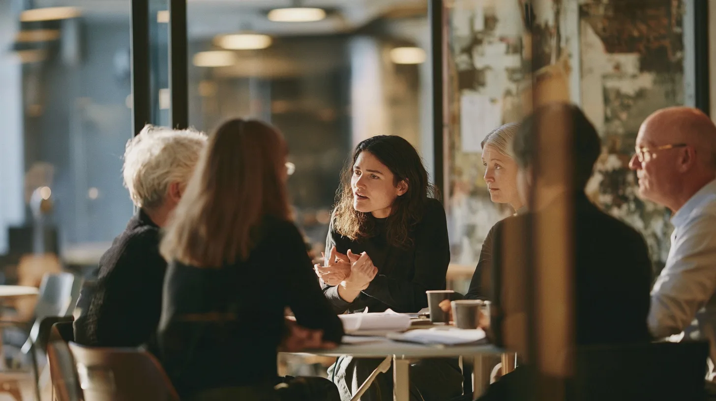 Flera vuxna personer samtalar runt ett bord i en ljus kaféliknande mötesmiljö, affärsmöte, gruppdiskussion, kaffekoppar, arbetsmöte, samarbete, samtal