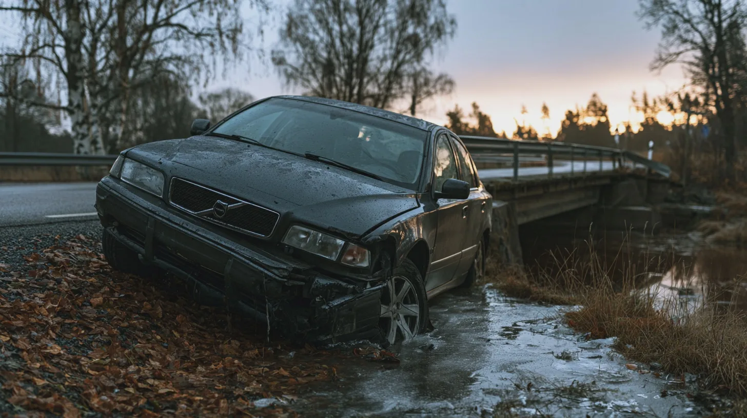 Skadad Volvo personbil vid vägkant nära en bro, omgiven av våta höstlöv och is, bilolycka, övergiven bil, landsvägsmiljö, skymning