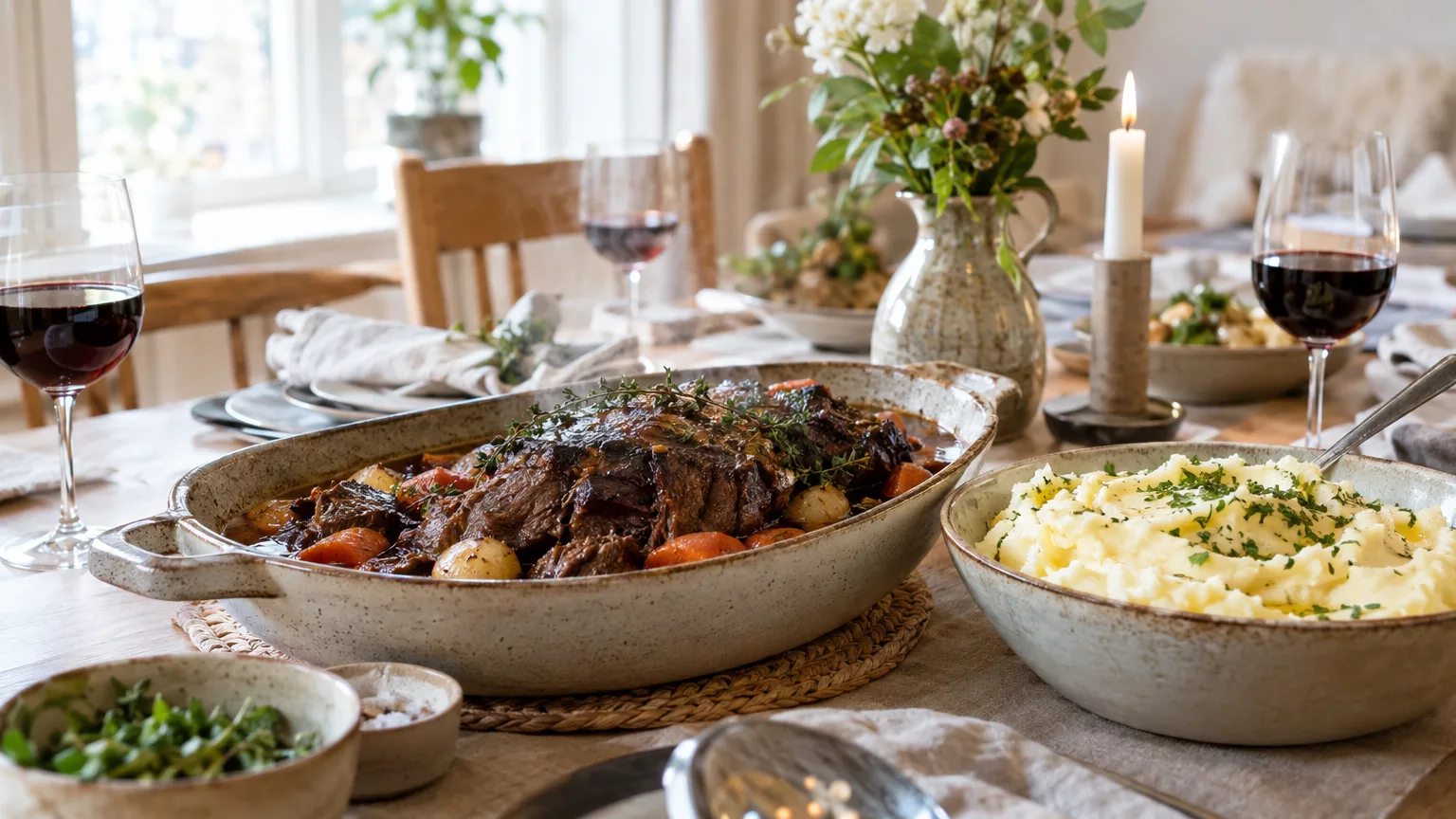 Festdukat matbord med långkokt kött, potatismos och rödvin, omgiven av levande ljus och blommor, festmåltid, rustik dukning, söndagsmiddag