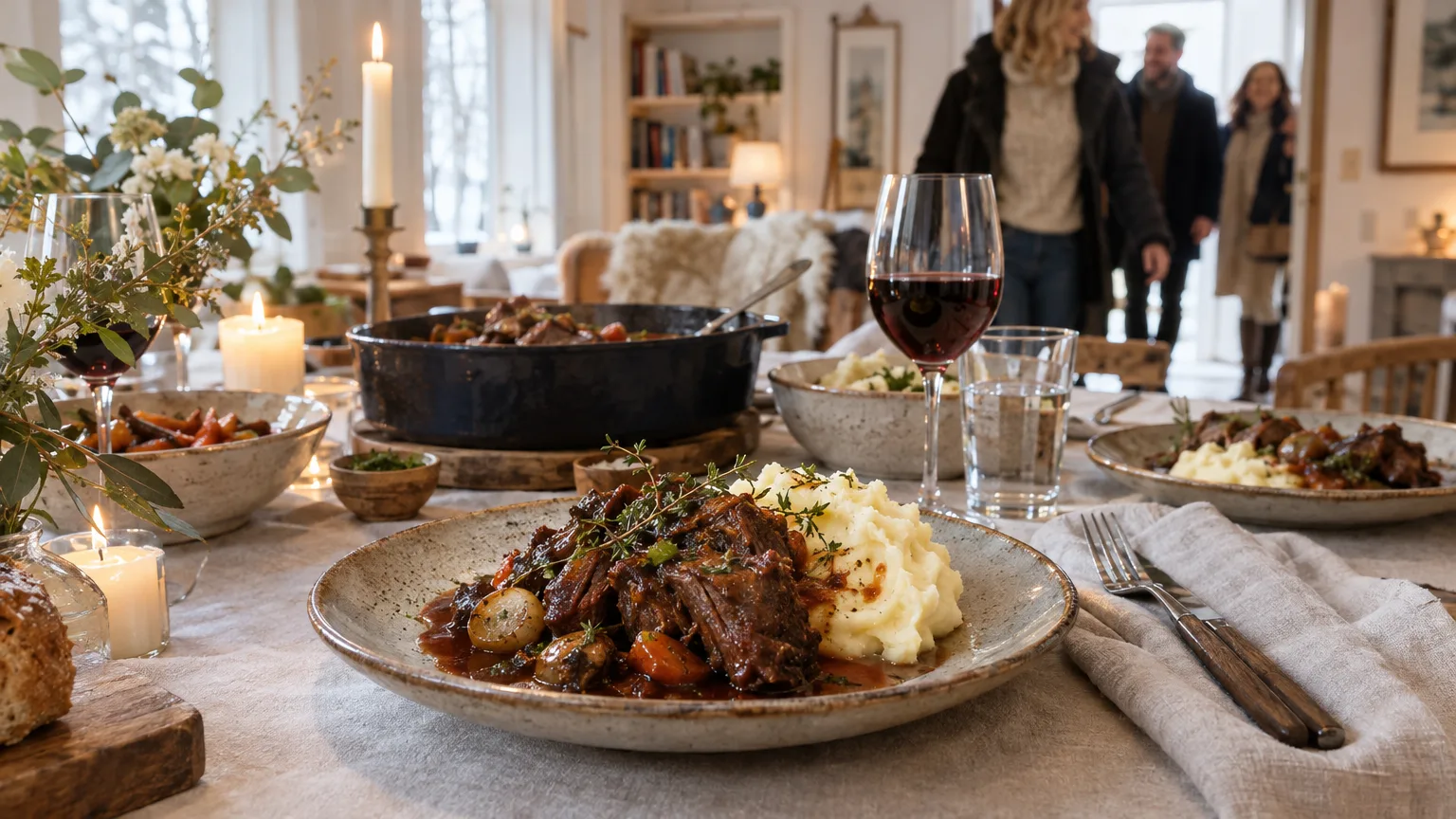 Söndagsmiddagen som aldrig sviker: högrev i rödvinsöndagsmiddag, högrev i rödvin, långkok, potatismos, middag för gäster