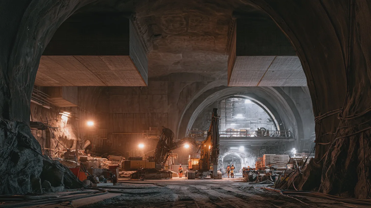 Underjordisk tunnelbyggarbetsplats med grävmaskiner, bergväggar och arbetare i skyddskläder; tunnelbygge, bergtunnel, anläggningsarbete, entreprenadmaskiner