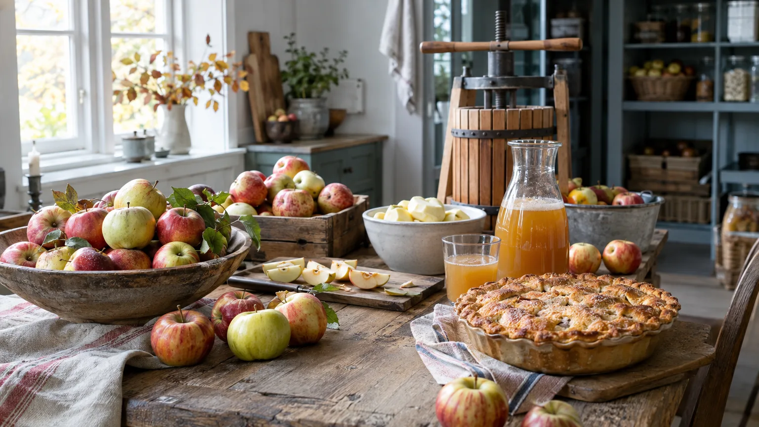 Mat: äpplen, äppelpaj, äppeljuice, inredning, kök, skördefest, hantverk, naturliga ingredienser, hemlagad.