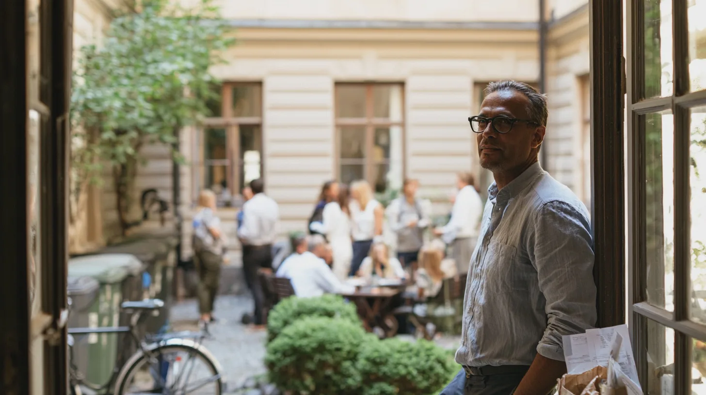 Samhälle: Utomhusmingel, vuxna i samtal, stadsmiljö, grönska, avkoppling, social interaktion, cykel, klädd i kostym.