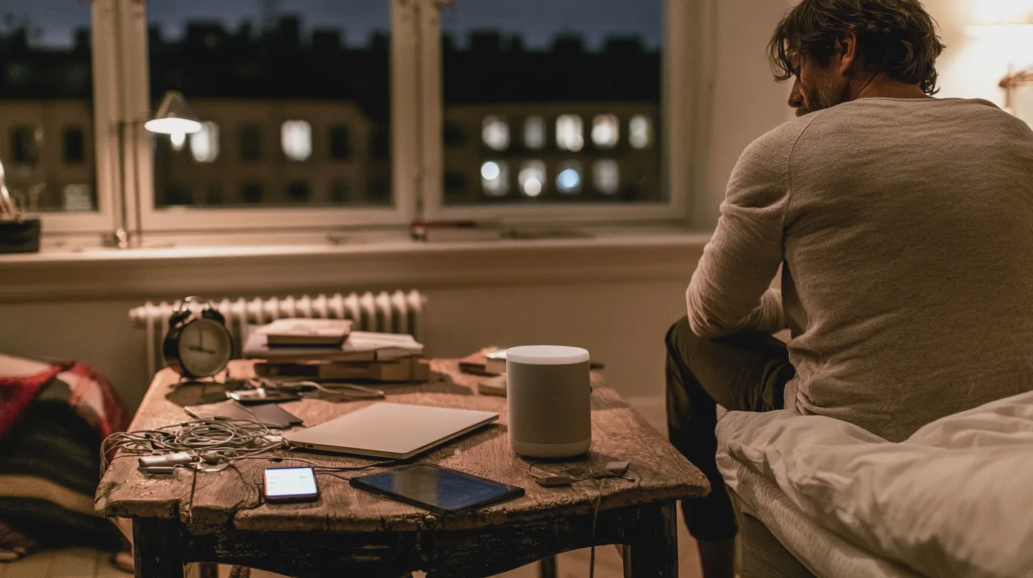 Man sitter på sängkanten i ett kvällsbelyst rum med arbetsbord, laptop, mobiltelefon och högtalare, hemmakontor, natt, teknik, läsning, sovrum