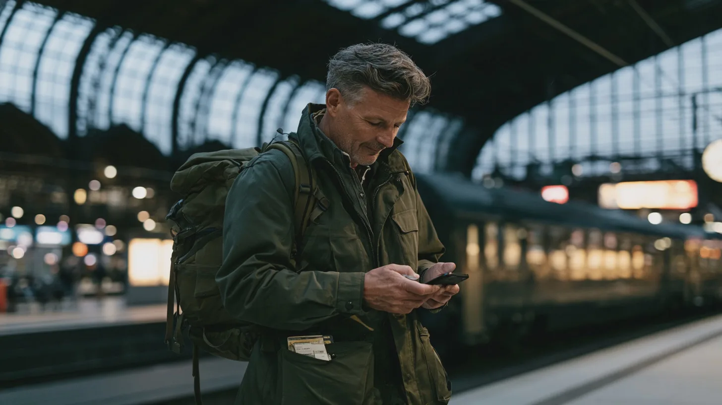 Man med ryggsäck använder mobiltelefon på en tågstation, stationsplattform, järnvägsstation, tågresenär, pendling, kollektivtrafik, resande, tågvagn