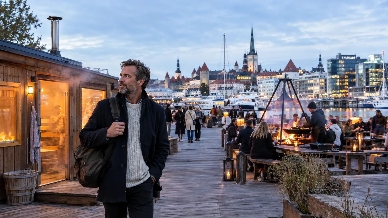 Man på träbrygga vid hamnen med vedeldad bastu, uteservering och eldstäder framför Tallinns medeltida stadssilhuett, Tallinn, hamnpromenad, gamla stan, skärgårdshamn, kvällsljus