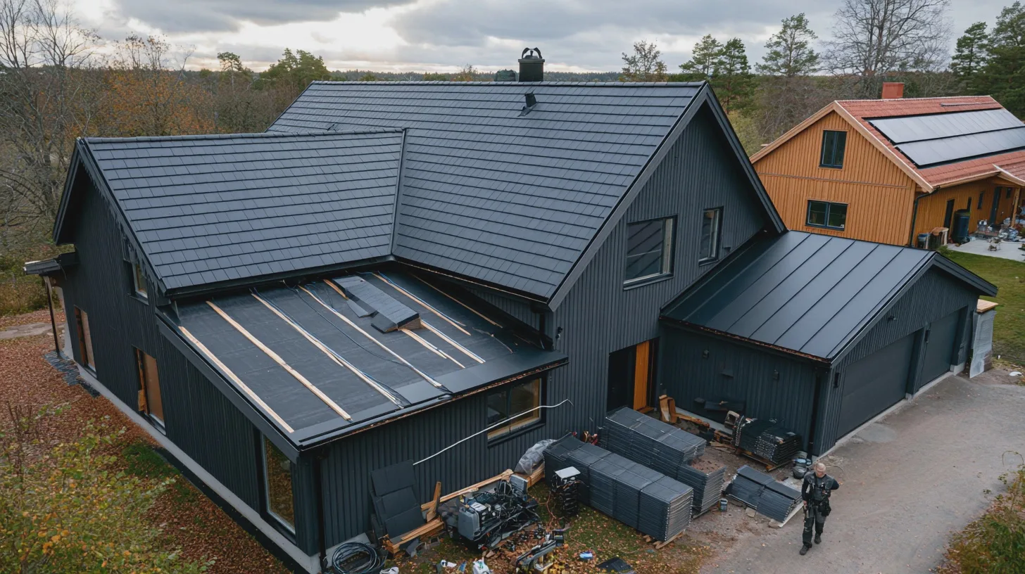 Mörkt trähus med pågående takrenovering och byggmaterial, omgiven av skog; arbetare syns på gården, solpaneler på huset i bakgrunden, takarbete, byggarbetsplats, villa, solenergi