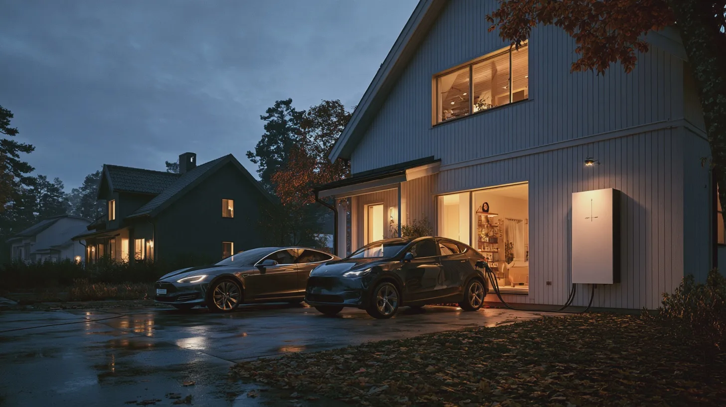 Två elbilar laddas utanför ett trähus i skymningen efter regn, elbilsladdning, laddbox, villakvarter, regnig kväll, hållbar energi