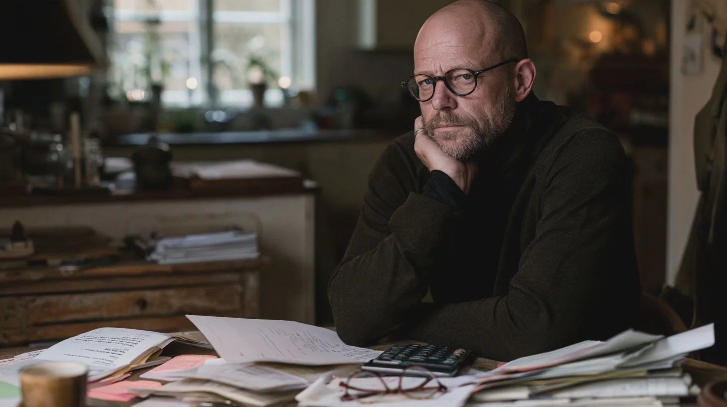 Skäggig man med glasögon sitter vid ett belamrat skrivbord och granskar papper, hemmakontor, dokument, miniräknare, administrativt arbete