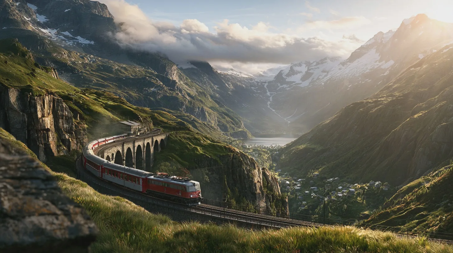 Rött tåg på bergslinje över stenviadukt i grön alpdal med snötäckta toppar, glaciär och sjö i bakgrunden, bergståg, järnvägsviadukt, alplandskap