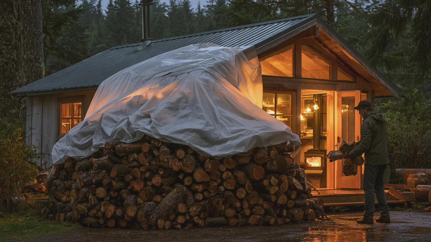 Person lastar ved framför en upplyst stuga i skogen, vedstapel täckt med presenning, braskamin, skogshus, vedhantering, friluftsliv
