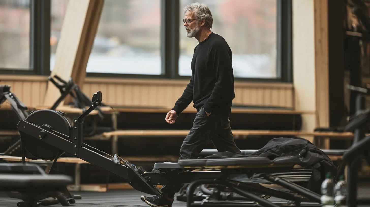 Gråhårig man tränar i ett gym bredvid en roddmaskin, gymträning, roddmaskin, motion, träningsutrustning