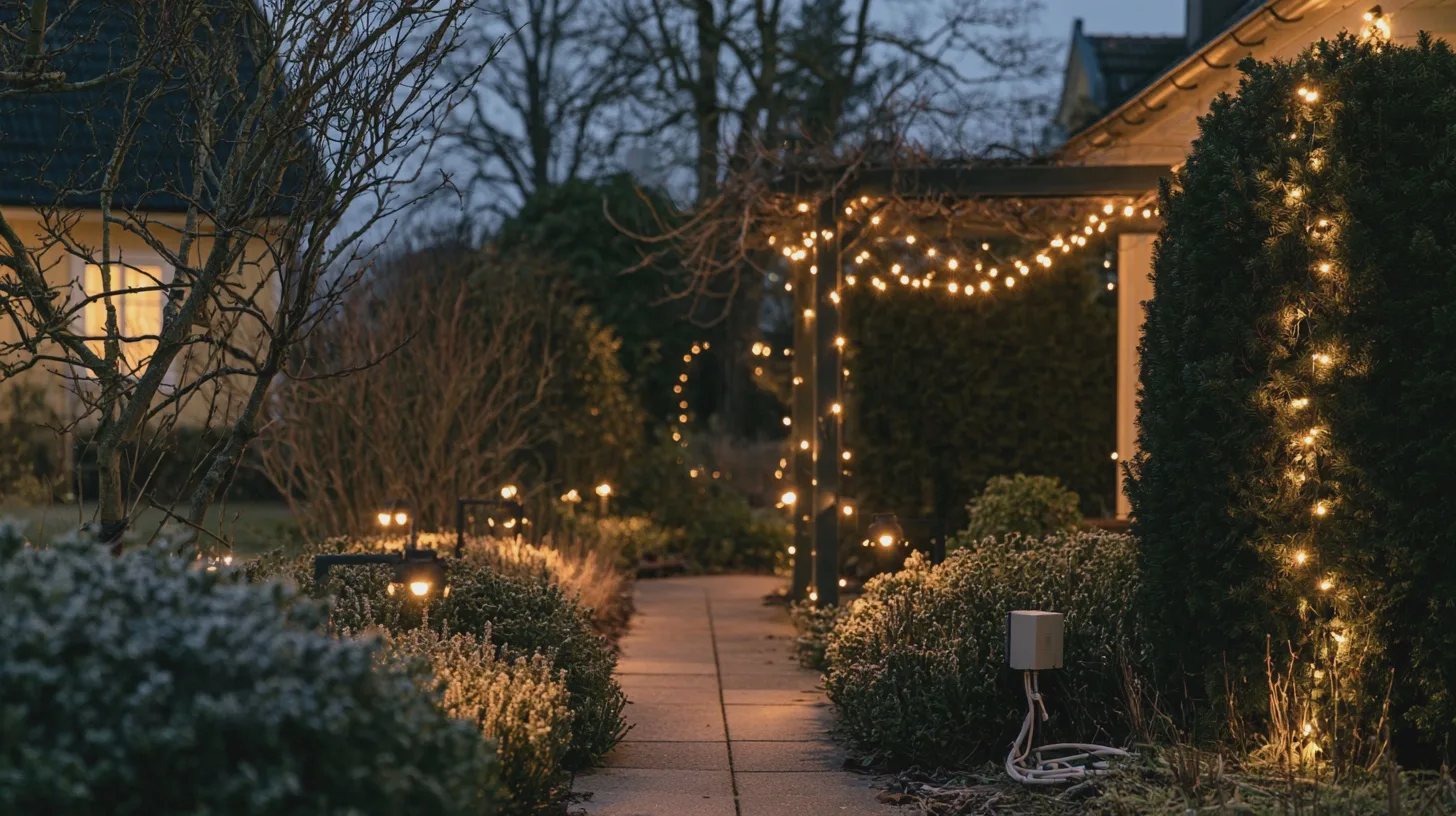 Trädgårdsgång med pergola och varm belysning i skymningen, vinterträdgård, ljusslingor, trädgårdsbelysning, häckar, gångstig