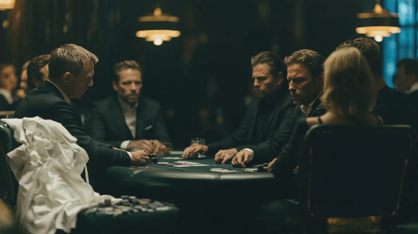 Elegant klädda personer spelar poker runt ett bord i ett dunkelt belyst casino, pokerbord, spelkort, pokermarker, formell klädsel