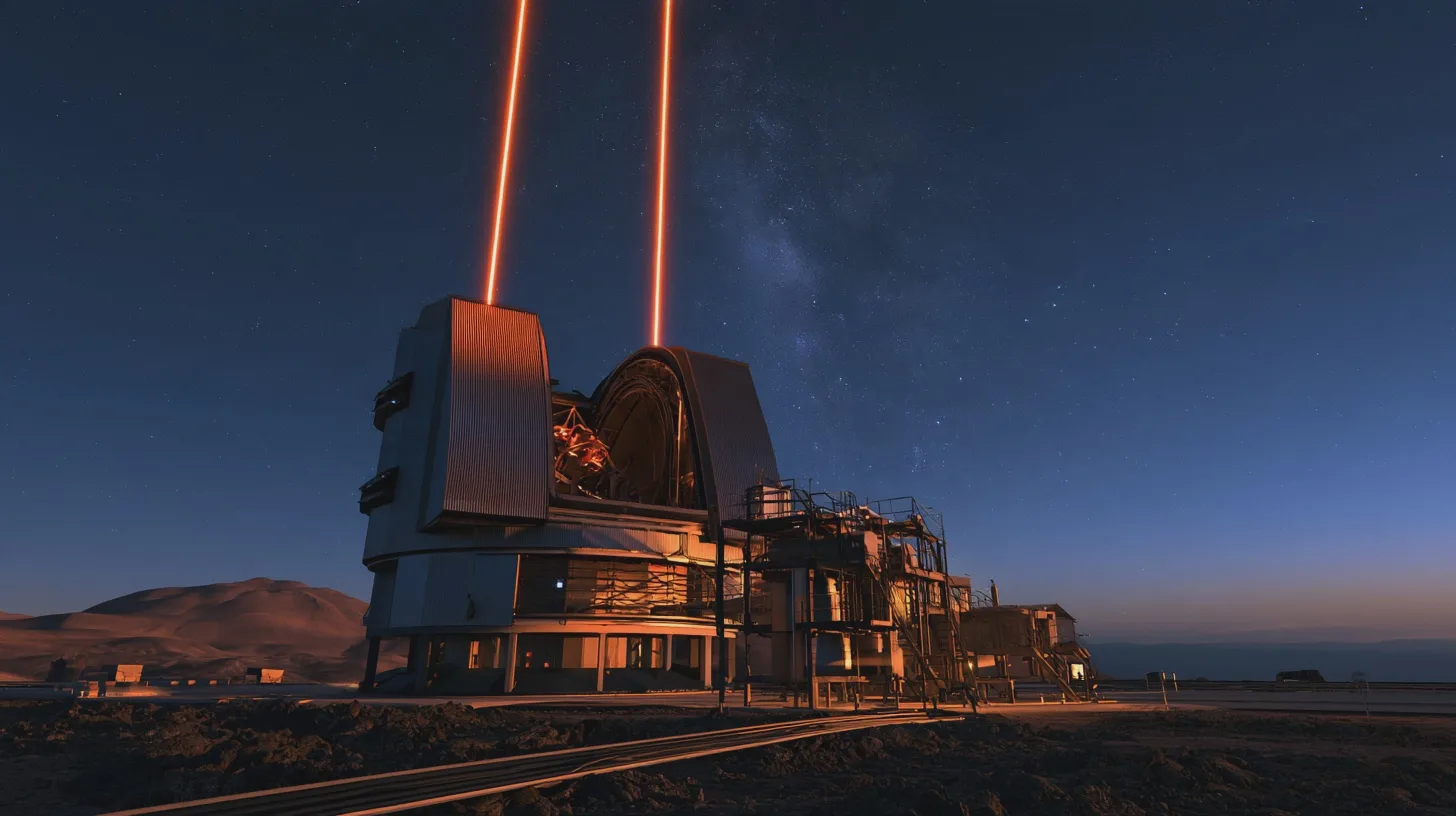 very-large-telescope-laser-falska-stjarnor I Atacamaöknen skjuter ESO:s teleskop kraftfulla laserstrålar mot himlen och skapar konstgjorda stjärnor. Tekniken hjälper astronomerna att kompensera för atmosfärens suddiga störningar och se skarpare.