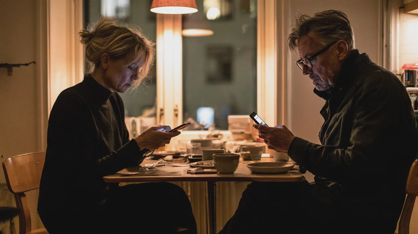 Två vuxna sitter vid ett dukat matbord och använder sina mobiltelefoner i varm belysning, hemmamiddag, smartphone, inomhusmiljö, vardagssituation