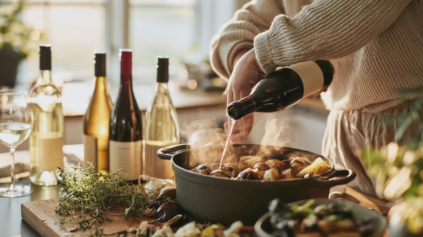 Person häller vin i en ångande gryta med mat, omgiven av vinflaskor och örter, matlagning, gryta, vin, kök
