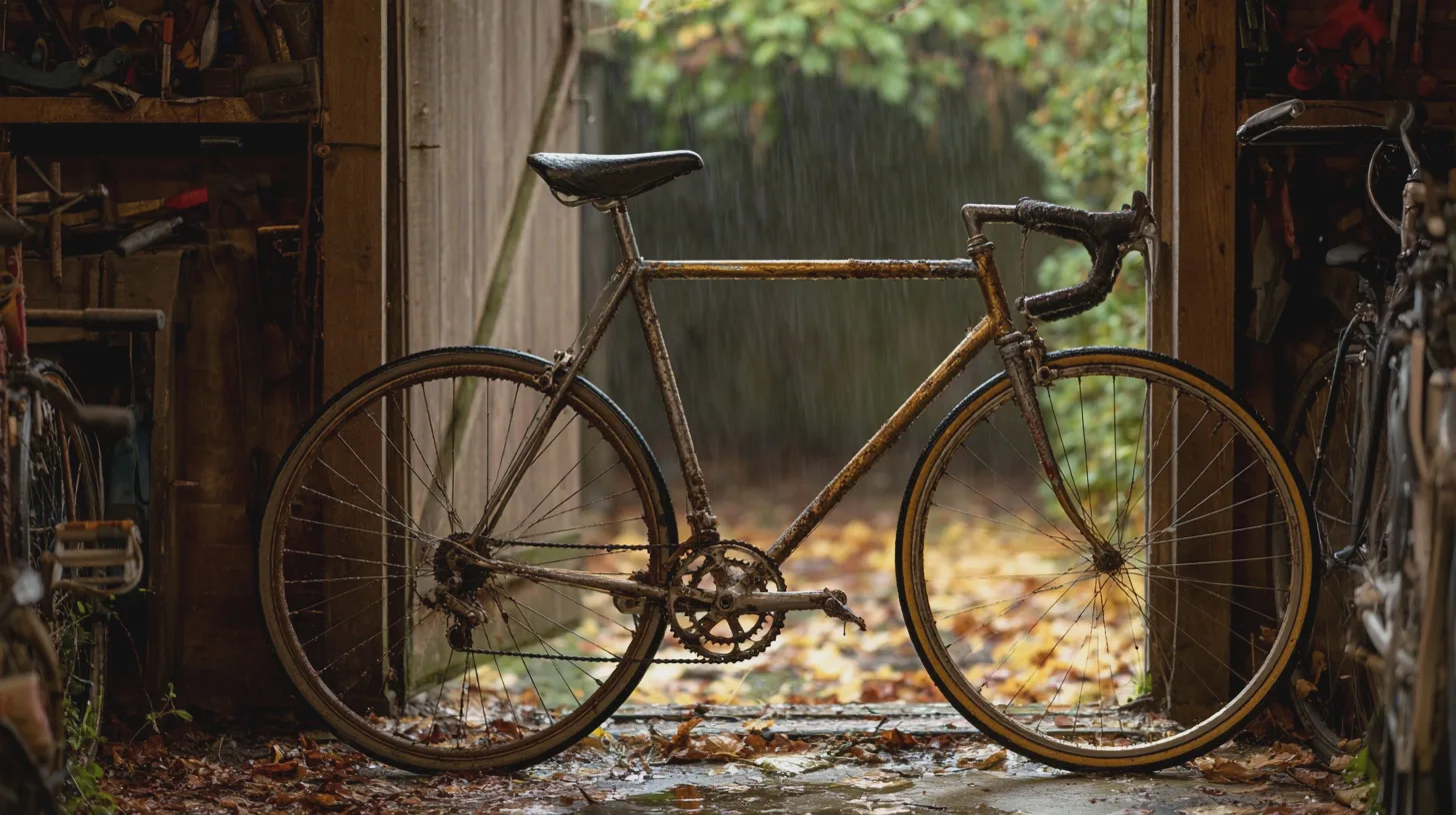 Rostig vintage-racercykel står i en mörk verkstadsöppning med regn och höstlöv utanför, gammal landsvägscykel, cykelverkstad, regn, höstlöv