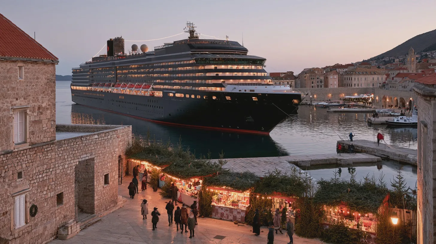 Stort kryssningsfartyg i Dubrovniks historiska hamn, julmarknad bland stenhus och kajer i kvällsljus, kryssningsfartyg, Dubrovnik, julmarknad, historisk hamn
