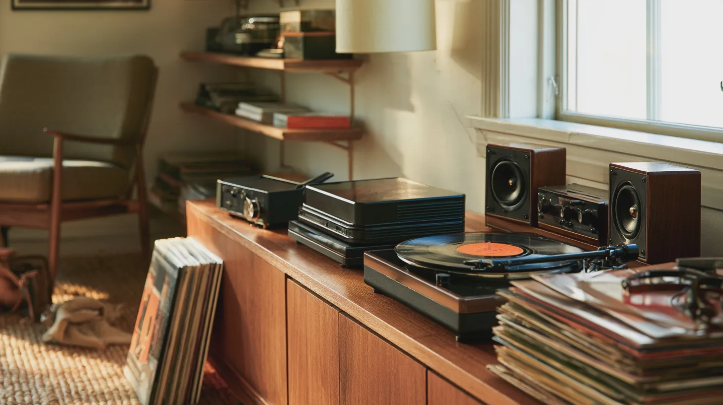 Vintage skivspelare och stereoutrustning på träskåp i vardagsrum, vinylskivor, bokhylla, retroinredning, högtalare, 1960-talsstil