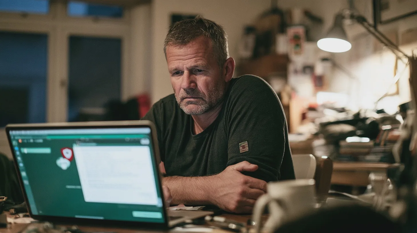 Man sitter vid skrivbord och arbetar framför en bärbar dator i hemmakontor, man vid laptop, arbetsplats, inomhus, skrivbord, teknik