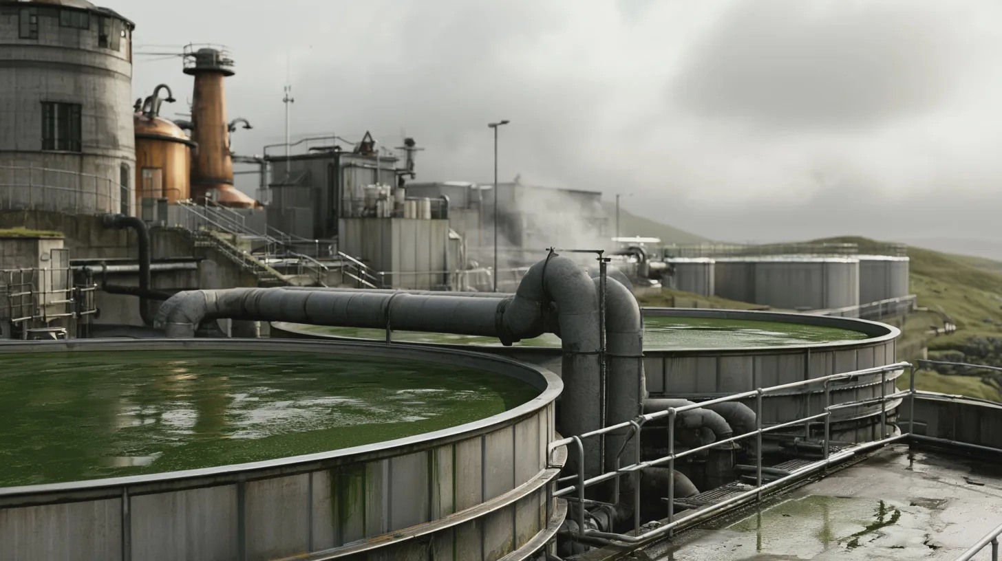 Samhälle: industriell anläggning, rening, miljö, vattenbehandling, teknik, pipeline, gröna ytvatten, byggnader, rörsystem.