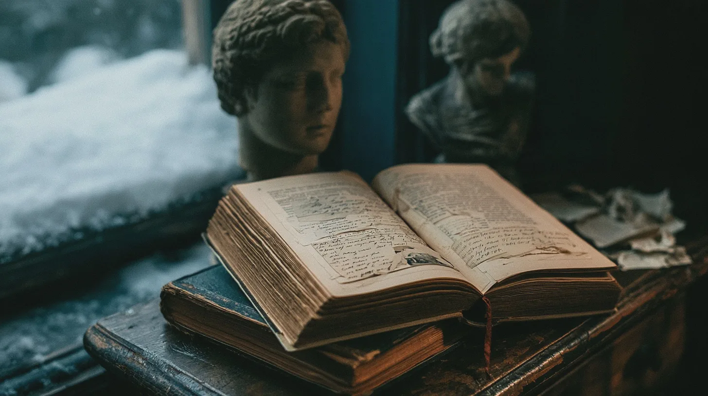 En gammal uppslagen bok med handskrivna sidor ligger på ett bord framför klassiska skulpturbyster; antik litteratur, handskrift, gamla böcker, historisk miljö
