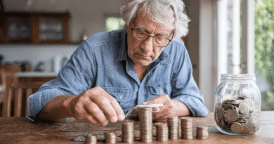 En medelålders man organiserar mynt i staplar på ett bord, med en burk fylld av pengar i närheten, vilket symboliserar sparande och ekonomi. Midcent Ekonomi.