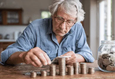 En medelålders man organiserar mynt i staplar på ett bord, med en burk fylld av pengar i närheten, vilket symboliserar sparande och ekonomi. Midcent Ekonomi.