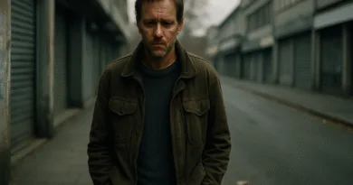 Midcent: En medelålders man med nedstämd blick går ensam längs en öde gata med stängda butiker, symboliserar känslor av isolering och eftertänksamhet. Perfekt för artiklar om urbanitet och ensamhet. Kategori: Samhälle.