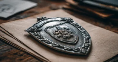 Midcent: En elegant, antik metallsköld placerad på ett vintage skrivbord. Detaljerade graverade mönster speglar historia och