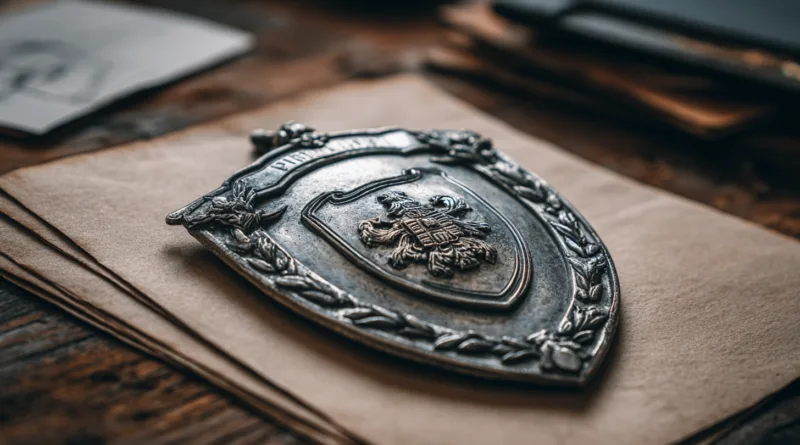 Midcent: En elegant, antik metallsköld placerad på ett vintage skrivbord. Detaljerade graverade mönster speglar historia och