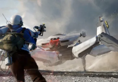 Midcent: En futuristisk scen där en person konfronterar en avancerad robot i en dammig miljö. Dramatik och teknologi kombineras för att skapa en spännande vision av framtiden. Kategori: Teknik.