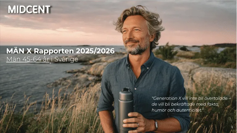 Midcent: En medelålders man står vid en kustlinje i solnedgång med en termos, som symbol för Generation X-rapporten. Fokus på autenticitet, humor och fakta för män 45-64 år i Sverige. Kategori: Samhälle.