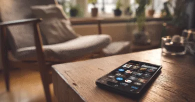 Midcent presenterar en inbjudande hemmiljö med fokus på en smartphone på ett träbord. Perfekt för avkoppling och teknologi, utnyttjar naturligt ljus och grönska för en lugn atmosfär. Passande kategori: Teknik.