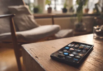 Midcent presenterar en inbjudande hemmiljö med fokus på en smartphone på ett träbord. Perfekt för avkoppling och teknologi, utnyttjar naturligt ljus och grönska för en lugn atmosfär. Passande kategori: Teknik.