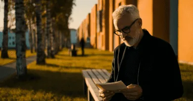 En medelålders man läser ett dokument ute i en park, omgiven av träd och byggnader i solnedgångens ljus. Bilden skapar en harmonisk atmosfär av reflektion och lugn. Midcent kategori: Samhälle.